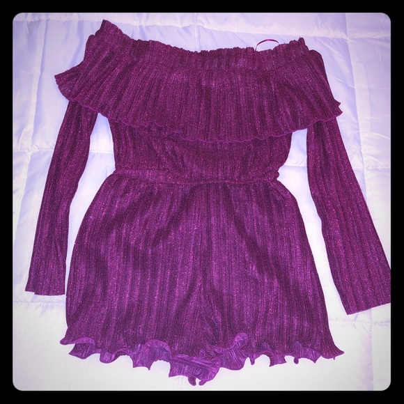 Metallic Pleated Off-the-Shoulder Romper - Picture 1 of 5
